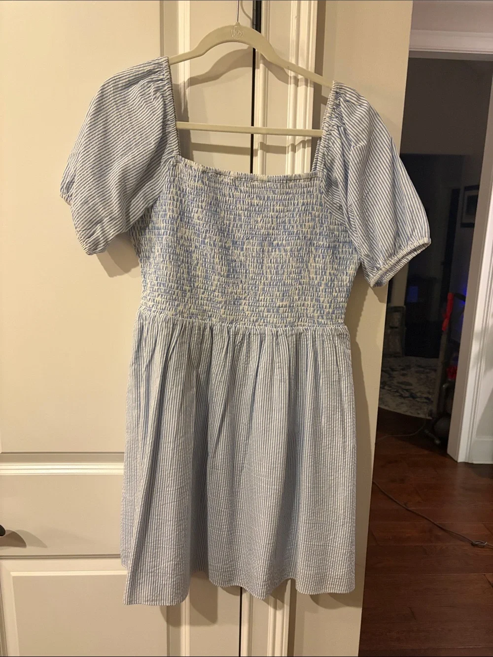 Sail to Sable Light Blue and White Striped Smocked Mini Dress